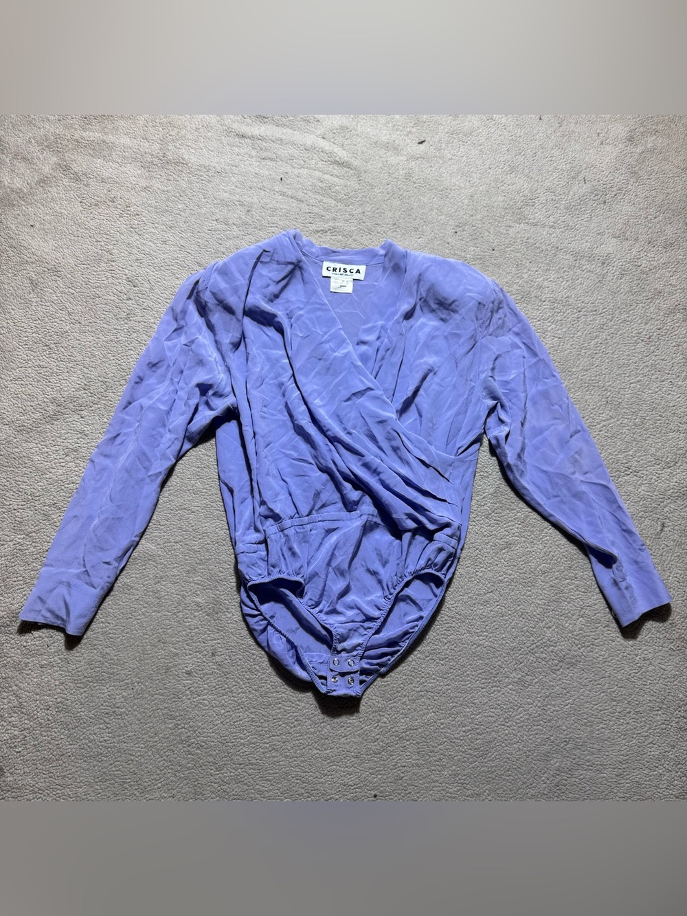 Crisca Bodysuit Womens 36 100% Silk Lavender Purple Shoulder Pads Faux Wrap Snap